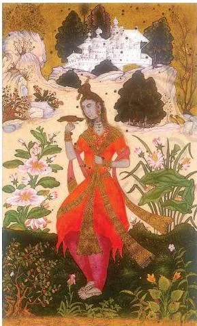 A tall Yogini standing in a vertical composition, adorned with jewellery and seeming to converse with a myna bird, white structures above and swirling scarves around her