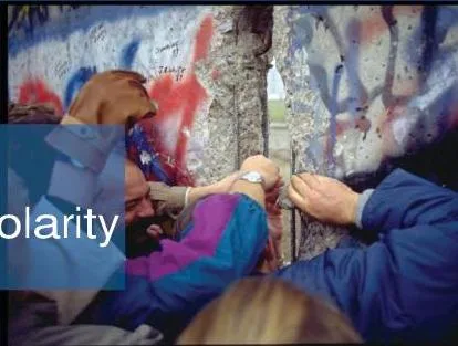The End of Bipolarity Class 12: Chapter 1 PDF Three photographs of the Berlin Wall showing people making a tiny hole, an opened section allowing free movement, and the wall as it stood before 1989 - the opening image of the End of Bipolarity chapter