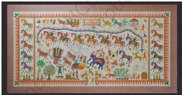 The Living Art Traditions of India Class 12: Chapter 8 Rows of brightly coloured horse-rider deities in a Rathva Bhil Pithoro painting, mapping the Rathva cosmos with the world of gods above and the earthly wedding procession below