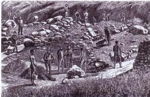Wagons crossing the Wilge river on the difficult journey to the Transvaal gold fields in South Africa