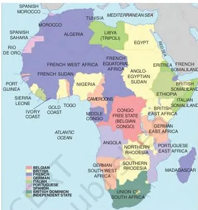 Map of colonial Africa at the end of the nineteenth century with ruler-straight borders drawn by European powers at Berlin