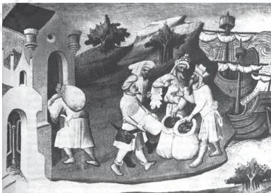 Fifteenth-century illustration of Venetian merchants exchanging goods with the Orient, from Marco Polo's Book of Marvels