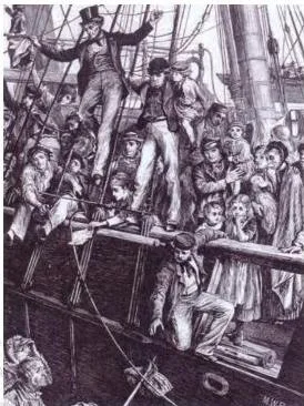 An emigrant ship crowded with passengers leaving Europe for the United States in the nineteenth century