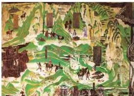 An eighth-century Chinese cave painting of merchants and camels on the silk route between Asia and Europe