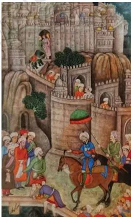 The Mughal School of Miniature Painting 3: Class 12 Fine Art NCERT Chapter 3 A Baburnama miniature of Babur inspecting the fort of Gualior, painted by Bhure in 1598, now at the National Museum, New Delhi