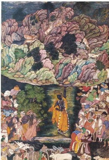 The Mughal School of Miniature Painting 3: Class 12 Fine Art NCERT Chapter 3 Krishna lifting Mount Govardhan over the villagers and their cattle, a Mughal miniature attributed to Miskin, 1585–90, Metropolitan Museum of Art, New York