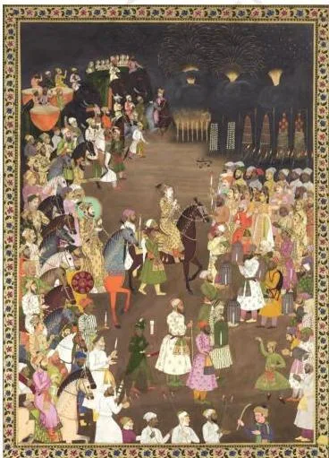 The Mughal School of Miniature Painting 3: Class 12 Fine Art NCERT Chapter 3 The marriage procession of Dara Shikoh: the groom on a brown stallion wearing a sehra, and Shah Jahan on a white horse with a nimbus; by Haji Madni, National Museum, New Delhi