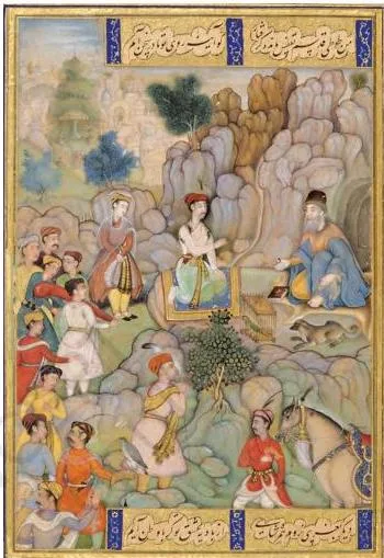 The Mughal School of Miniature Painting 3: Class 12 Fine Art NCERT Chapter 3 Jahangir seated at the centre of his durbar with courtiers, white pillars and a canopy, attributed to Abul Hasan and Manohar, 1620, Museum of Fine Arts, Boston