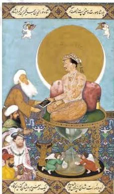 The Mughal School of Miniature Painting 3: Class 12 Fine Art NCERT Chapter 3 Jahangir embracing the Persian Shah Abbas on a globe, guarded by a lion and a sheep, beneath a sun-moon halo held by winged angels; by Abul Hasan, 1618–1622, Smithsonian Institution