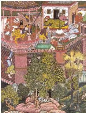 The Mughal School of Miniature Painting 3: Class 12 Fine Art NCERT Chapter 3 A Hamza Nama miniature of spies attacking the city of Kaymar, painted with vibrant colours and strong outlines, 1567–1582, Museum of Applied Arts, Vienna