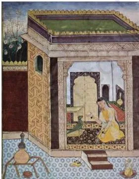 The Mughal School of Miniature Painting 3: Class 12 Fine Art NCERT Chapter 3 A Tutinama miniature of a girl with a parrot, dated 1580–1585, now at the Chester Beatty Library, Dublin
