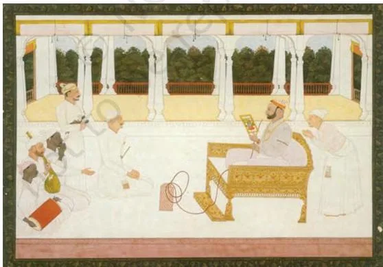 The Pahari Schools of Painting Class 12: Chapter PDF Prince Balwant Singh of Jasrota seated in his palace studying a painting, with Nainsukh standing behind him and musicians at the painting's edge