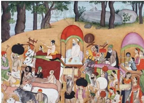 The Pahari Schools of Painting Class 12: Chapter PDF Kangra miniature of Nanda's family travelling to Vrindavan in bullock carts, with figures carrying household goods through a naturalistic landscape