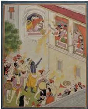 The Pahari Schools of Painting Class 12: Chapter PDF Kangra miniature of Krishna playing Holi with gopis, painted in 1800, showing the delicate line and brilliant colour of the Kangra style