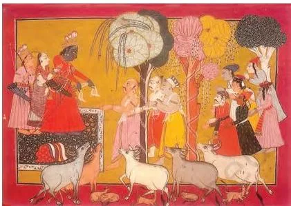 The Pahari Schools of Painting Class 12: Chapter PDF Rama giving away his possessions to a crowd of recluses, Brahmins, courtiers and commoners, from the Ayodhya Kanda of the Shangri Ramayana