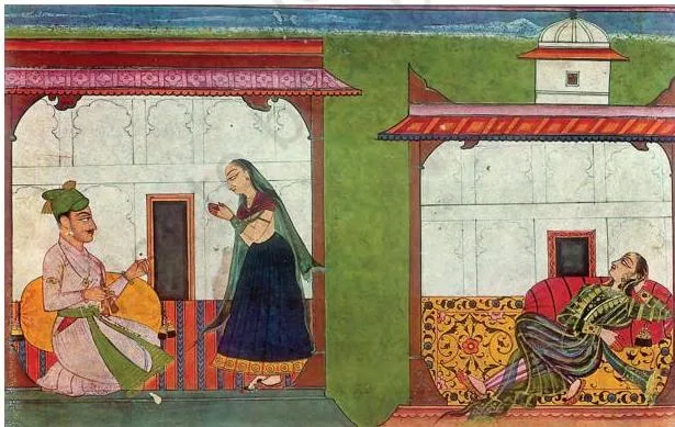 The Pahari Schools of Painting Class 12: Chapter PDF A Rasamanjari folio painted at Basohli in 1720, showing the strong primary colours, warm yellow ground and stylised vegetation of the Basohli school