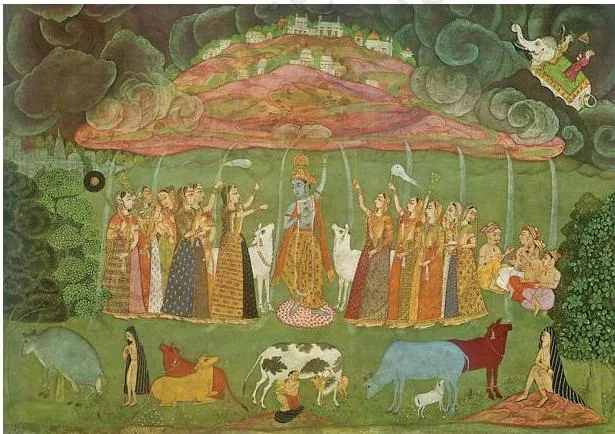 The Rajasthani Schools of Painting Class 12: Chapter PDF Krishna holding Mount Govardhan high over cattle, by Shahadin in 1690, in Bikaner soft Mughal-influenced style
