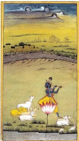 The Rajasthani Schools of Painting Class 12: Chapter PDF Krishna playing the flute among cows in a gentle pastoral scene, a 1777 Bikaner painting with subdued colours