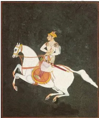 The Rajasthani Schools of Painting Class 12: Chapter PDF Equestrian portrait of young Raja Aniruddha Singh, horse galloping so high the ground vanishes, conveying speed without a foreground