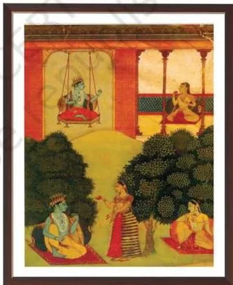 The Rajasthani Schools of Painting Class 12: Chapter PDF Krishna on a swing in a pavilion above while a grieving Radha sits alone under a tree, divided by a central mound
