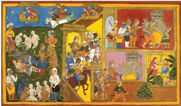 The Rajasthani Schools of Painting Class 12: Chapter PDF Ramayana battle scene layering several episodes in one frame, painted by Sahibdin in 1652 using oblique aerial perspective