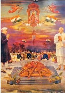 A popular print of the death of the Mahatma, with Nehru and Patel at the pyre while Gandhi blesses both from a heavenly realm at the centre