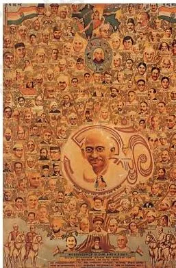 A popular print showing Mahatma Gandhi as the central figure of a tree of nationalism, surrounded by smaller portraits of other leaders and sages