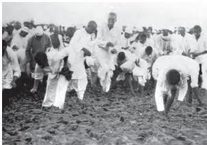 Satyagrahis at the end of the Dandi March bending to pick up natural salt from the shore on 6 April 1930