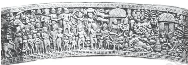Thinkers, Beliefs and Buildings Class 12 PDF (Theme 4) A carved panel on the northern gateway at Sanchi showing thatched huts and trees, a scene later identified as the Vessantara Jataka