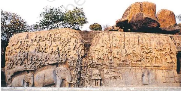 Thinkers, Beliefs and Buildings Class 12 PDF (Theme 4) A vast rock-cut panel at Mahabalipuram filled with figures of gods, humans and animals around a central cleft
