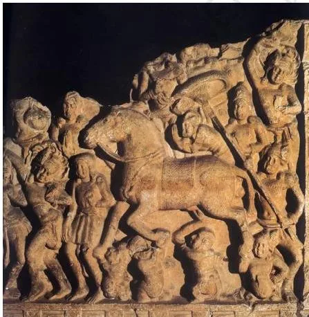 Thinkers, Beliefs and Buildings Class 12 PDF (Theme 4) A stone relief from Amaravati showing the Buddha leaving his palace on horseback with attendants, a hagiographic scene