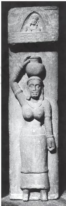 Thinkers, Beliefs and Buildings Class 12 PDF (Theme 4) A stone sculpture of a woman water-carrier from Mathura carrying a water pot, showing an ordinary working woman’s life