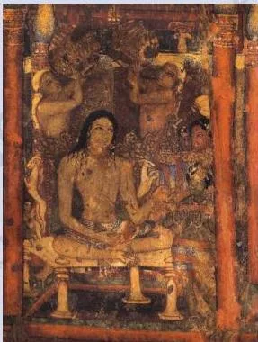 Thinkers, Beliefs and Buildings Class 12 PDF (Theme 4) A wall painting from Ajanta showing a seated courtly figure attended by servants, painted with shading for a three-dimensional effect