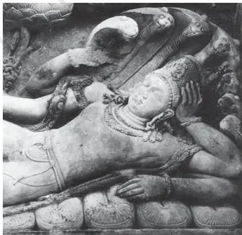 Thinkers, Beliefs and Buildings Class 12 PDF (Theme 4) Vishnu reclining on the many-hooded serpent Sheshnag, a Puranic sculpture from Deogarh