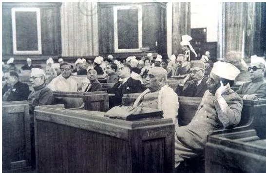 The Constituent Assembly in session, with Sardar Vallabh Bhai Patel sitting second from the right among the members