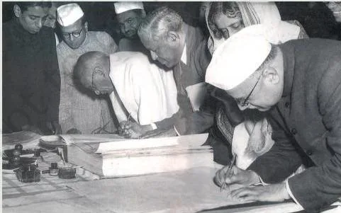 The finished Indian Constitution document, the physical product of three years of Constituent Assembly debate