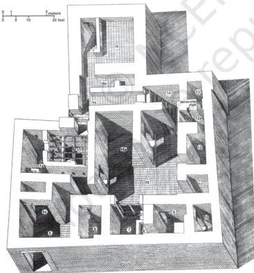 A drained brick bathroom in a Mohenjodaro house, with the drain connecting through the wall to the street drain, showing drainage-first town planning