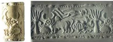 A cylinder seal of Mesopotamian type carrying a humped bull motif thought to be derived from the Indus region, a sign of contact between the two civilisations