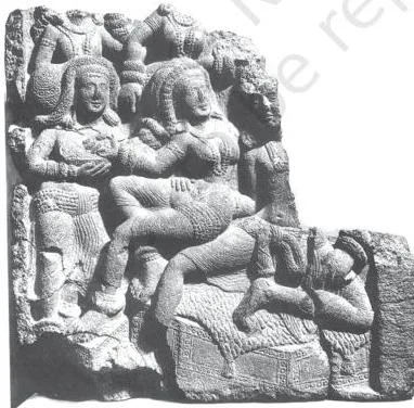 Stone relief of a Satavahana ruler standing with his wife, carved on a cave wall donated to Buddhist monks around the second century BCE