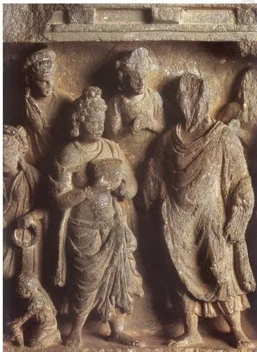 Stone sculpture from Gandhara of a mendicant with a bowl seeking alms, showing a renunciant social role in the third century CE
