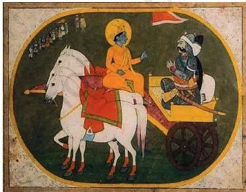 Eighteenth-century painting of Krishna counselling Arjuna on the battlefield, the most famous didactic episode of the Mahabharata