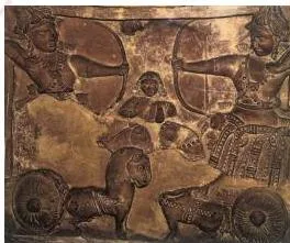 Terracotta battle scene from the Mahabharata, one of the earliest sculptural depictions of the epic, from a temple wall at Ahichchhatra, fifth century CE