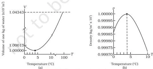 Thermal Properties of Matter Class 11 Notes Graphs of volume and density of water against temperature showing minimum volume and maximum density both at 4 degrees Celsius