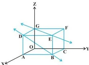 A rectangular room with one diagonal across the ceiling and another down a wall, showing two skew lines that never meet and are not parallel