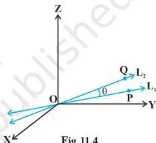 Two directed lines through the origin with points P and Q marked on them, illustrating how the acute angle between the lines is measured from their direction vectors