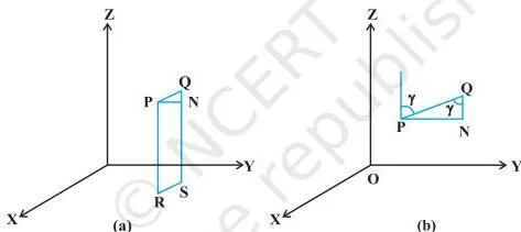Three dimensional geometry diagram of a line segment PQ in space with perpendiculars dropped to the xy-plane, forming the right triangle used to express direction cosines from coordinate differences