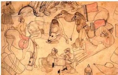 Through the Eyes of Travellers Class 12: NCERT Chapter 1 PDF A painting of travellers resting on their journey, the chapter's closing image of travel that often left no written account