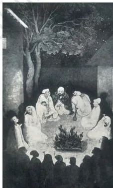 Through the Eyes of Travellers Class 12: NCERT Chapter 1 PDF An eighteenth-century painting of travellers gathered around a campfire, illustrating the chapter's account of later writers who followed Ibn Battuta