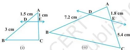 Exercise 6.2 Class 10 Maths NCERT Solutions: Triangles (BPT Solved Step-by-Step) Two triangles labelled (i) and (ii), in each of which a segment DE drawn parallel to side BC cuts the other two sides and the divided segment lengths are marked beside them