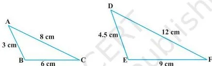 Triangles 6 Class 10: NCERT Maths Chapter 6 PDF Two triangles with marked side lengths 3, 6, 8 and 4.5, 9, 12, proportioned in the ratio 2:3 to demonstrate the SSS similarity criterion